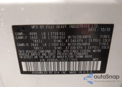 2016 Subaru Outback 2.5I Limited from USA, damaged, VIN 4S4BSALC8G3272640